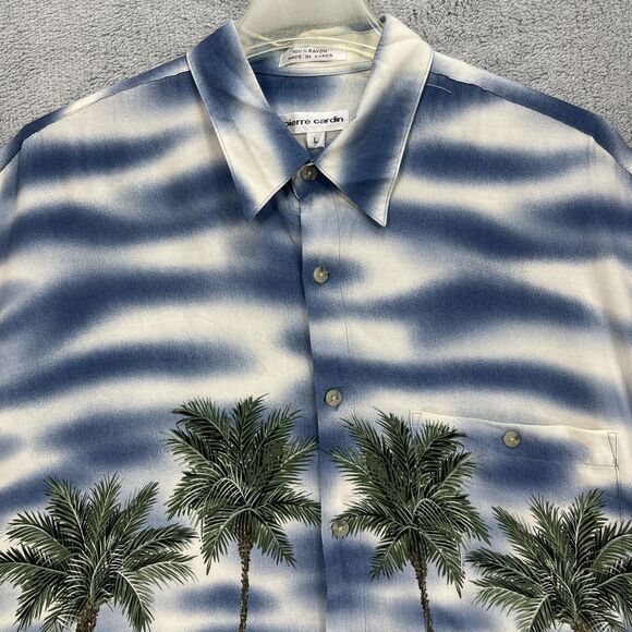 Vintage Pierre Cardin Hawaiian Shirt Mens Large Blue Palm Tree Print Button Up - Picture 3 of 12